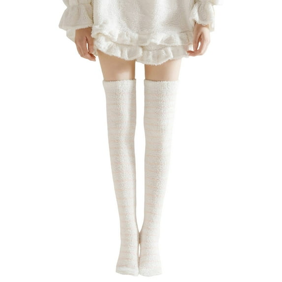 DJN Women's Over The Knee Coral Velvet Socks Thick Striped Winter Long Socks for Sleeping and Home Floor Socks White One Size