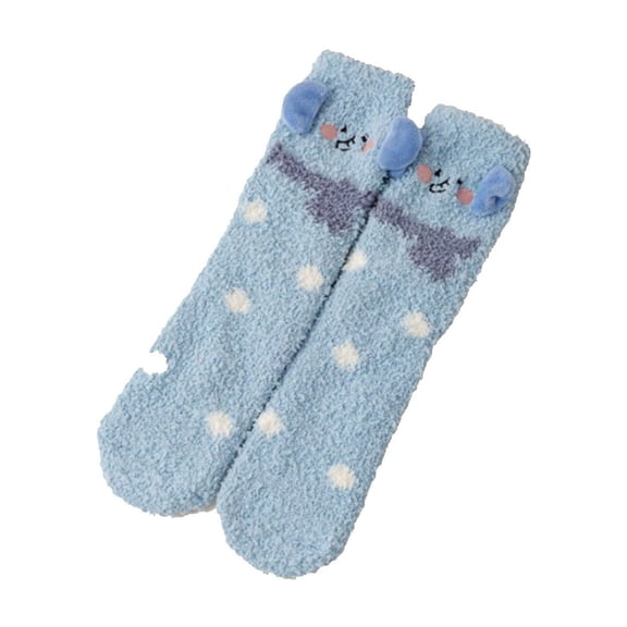 DJN Women's Printed Coral Velvet Socks Thick Fleece Lined Winter Mid-Crew Socks Non-Slip Home Wear Blue One Size