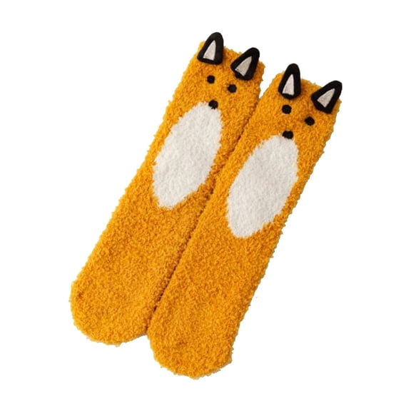 DJN Women's Printed Coral Velvet Socks Thick Fleece Lined Winter Mid-Crew Socks Non-Slip Home Wear Orange One Size