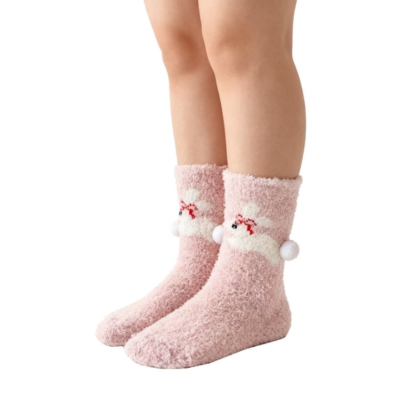 DJN Women's Printed Coral Velvet Socks Thick Fleece Lined Winter Mid-Crew Socks Non-Slip Home Wear Pink One Size