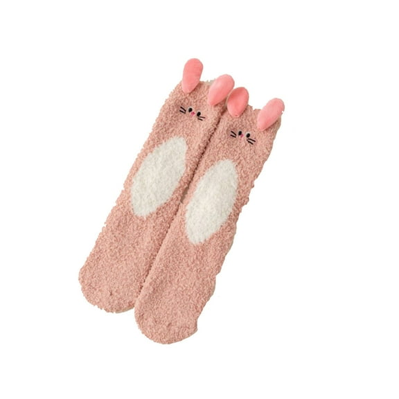 DJN Women's Printed Coral Velvet Socks Thick Fleece Lined Winter Mid-Crew Socks Non-Slip Home Wear Pink One Size
