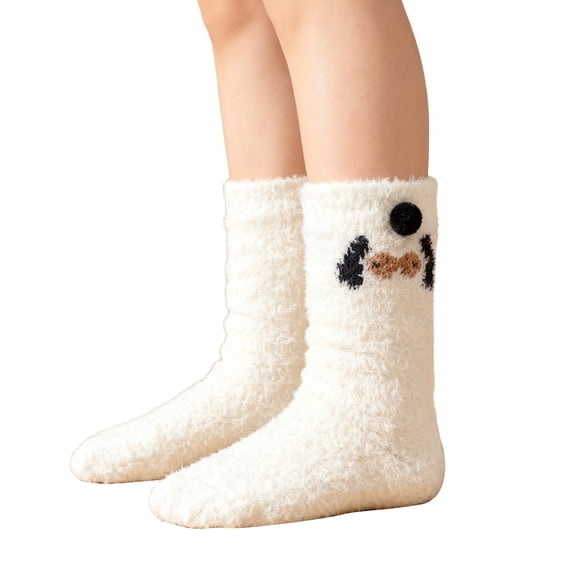 DJN Women's Printed Coral Velvet Socks Thick Fleece Lined Winter Mid-Crew Socks Non-Slip Home Wear White One Size