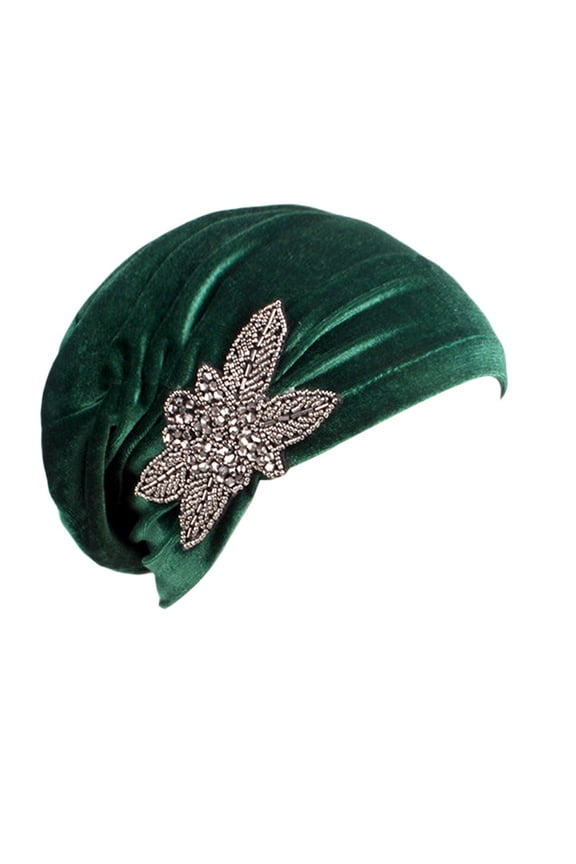Women's Solid Color Headscarf Hat with Silver Bead Flower - Elastic Turban Cap Green One Size