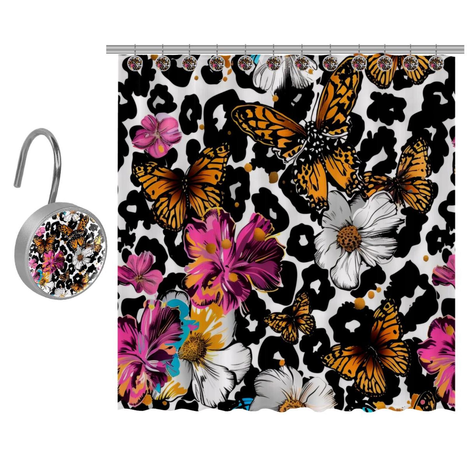 DJROW Butterfly Pattern Bath Curtain with Hooks, Waterproof and