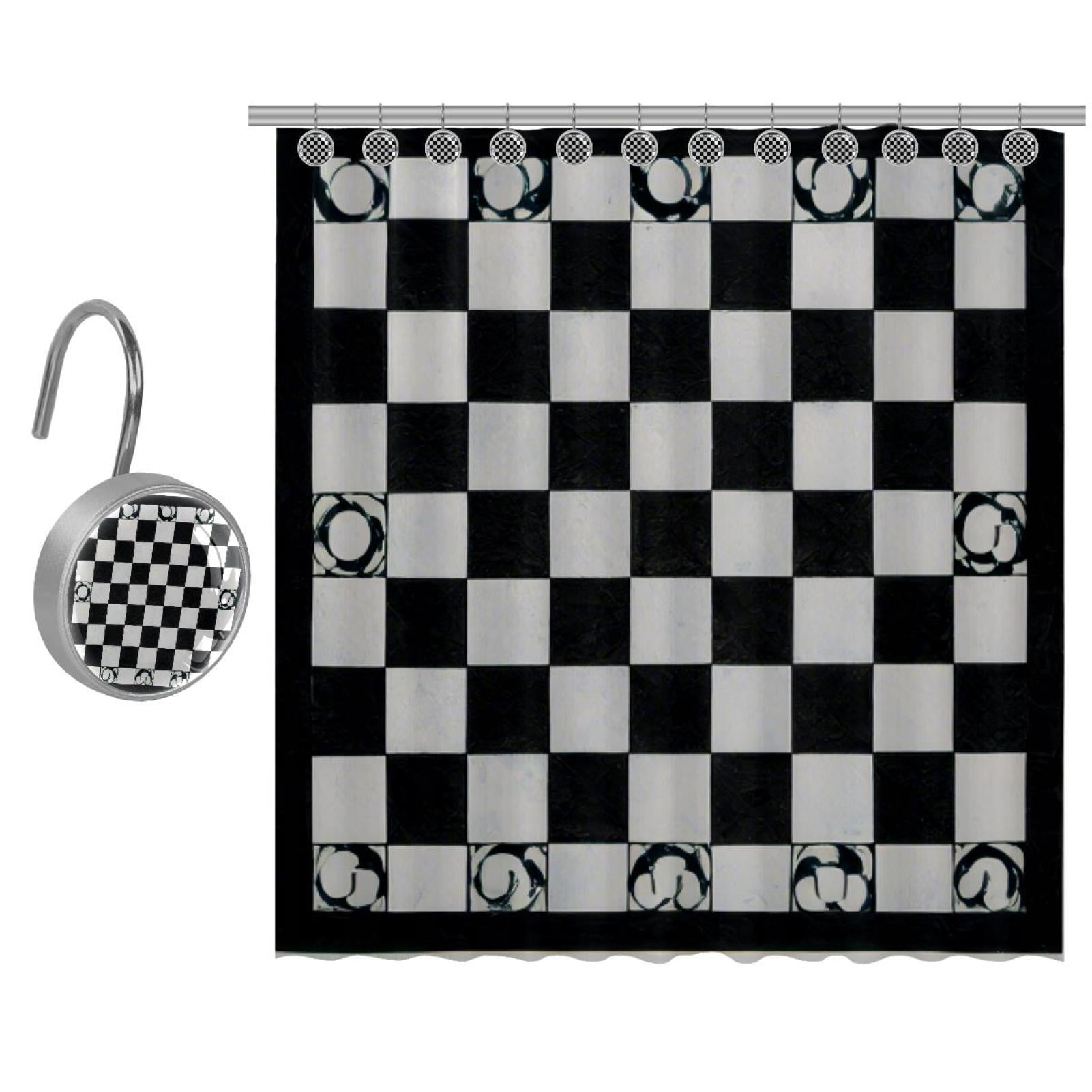 DJROW Checkerboard Pattern Bath Curtain with Hooks, Waterproof and