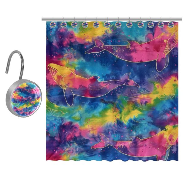 DJROW Tie Dye Bath Curtain with Hooks, Waterproof and Washable