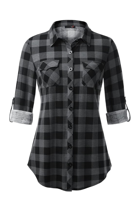 Womens Soft Stretchy Knit Plaid Shirts Roll Up Sleeve Button Down Blouses Tops