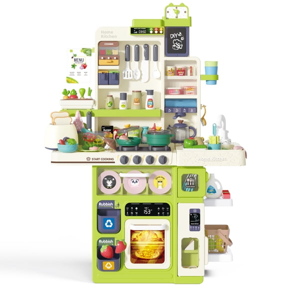 DJZ 101PCS Kids Kitchen Playset with Sound Stove, Lights, Music, Faucet, Sink, And Play Food _green