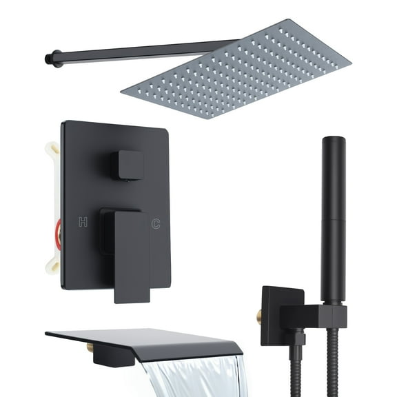 DJZ 12 Inch Large Shower Head Shower Panel Tower System Wall Mounted Rain Shower Faucet System Set with Handheld Rotary Sprayer Head,Changeable Flow Setting Brass Rough-In Valve