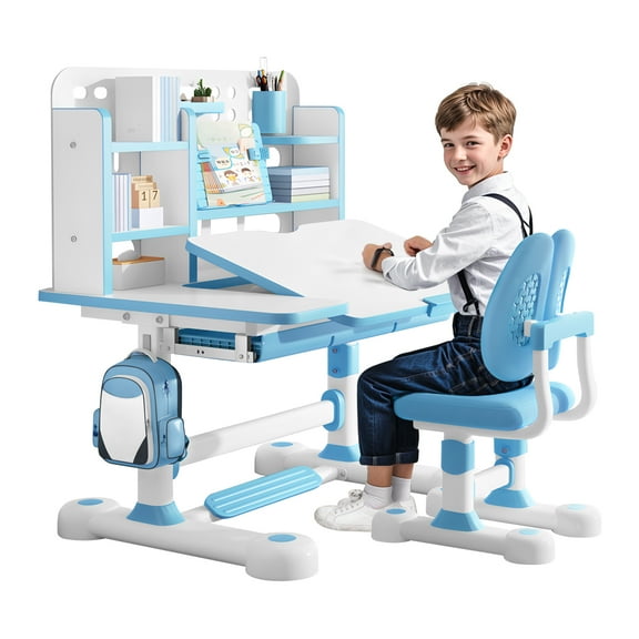 DJZ 2Pcs Kids Study Chair and Desk Set, Study Functional Desk and Chair for Kids with Bookshelf and Storage Drawer, Adjustable Height and 0-50° Tilted Desktop Desk and Chair, Study Table _Blue