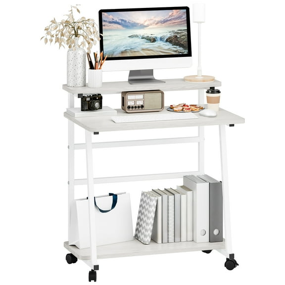 DJZ 3-Tier Computer Desk with Monitor Stand,Rolling Work Office Desk with Lockable Wheels for Home, Office _White