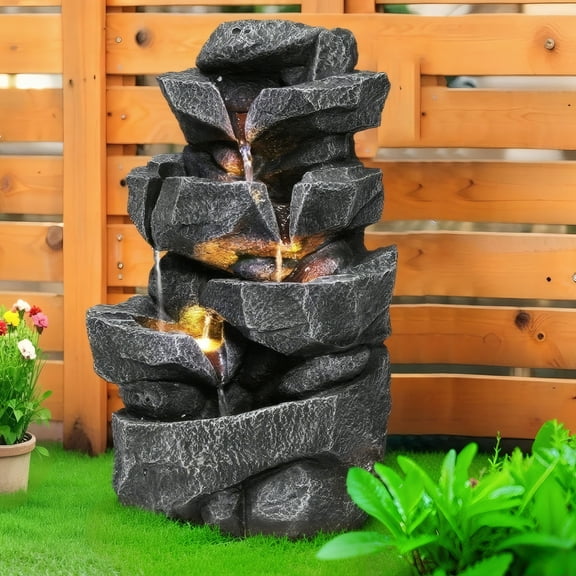 DJZ 5-Tiers Cascading Rock Water Fountain Outdoor Water Fountain Outside Patio Water Features Fountain with LED Light and Pump,Garden Waterfall Decor
