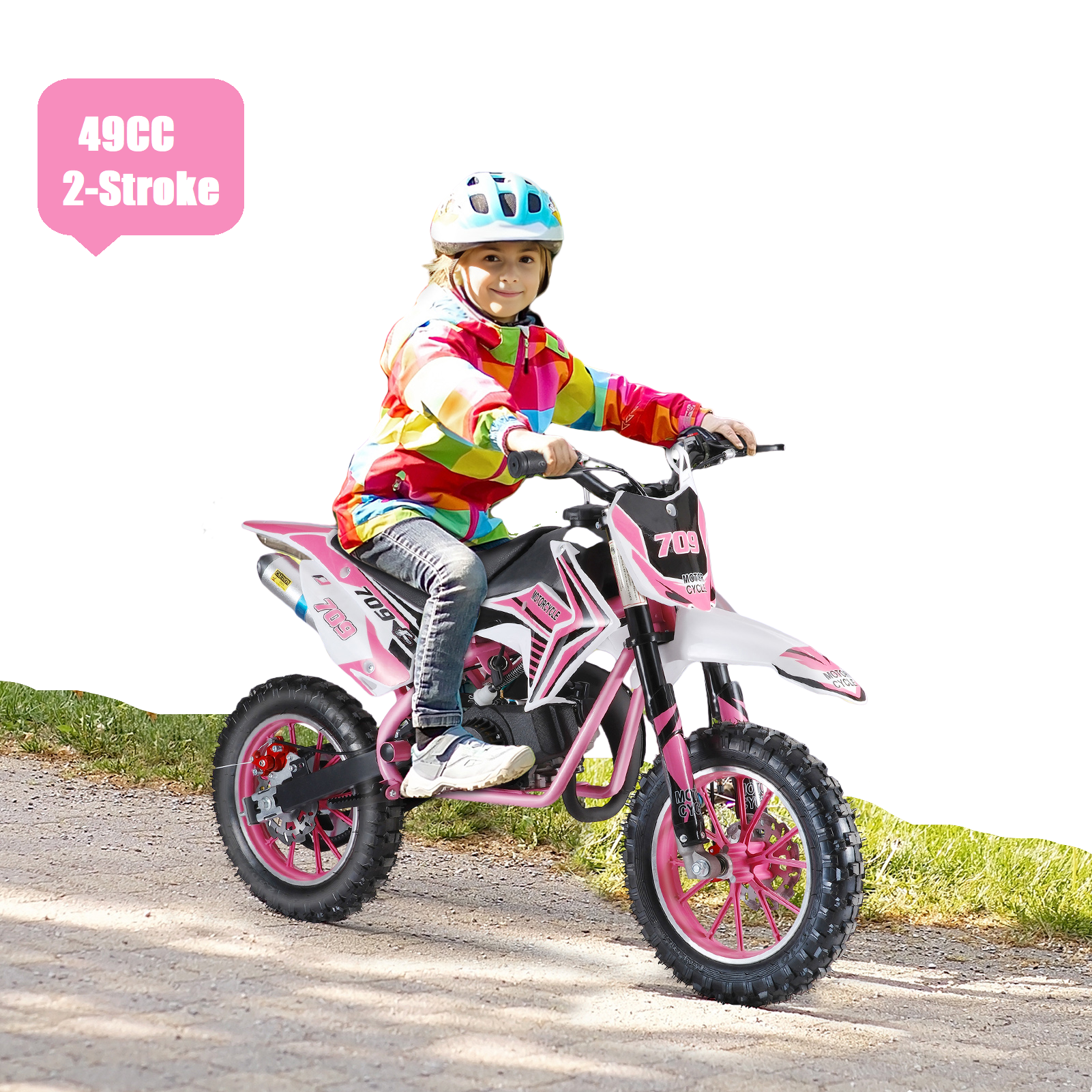 DJZ Kids 49cc Gas Dirt Bike, 2-Stroke Ride-on Mini Motorcycle with Pull Start, Oil Mixed Required, Speed 30 km/h (Pink)