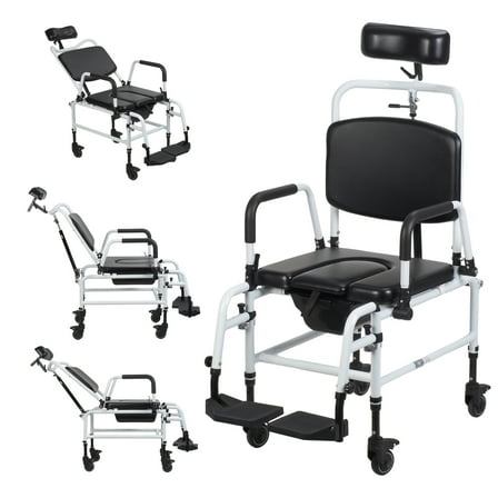 DJZ Portable Folding Transport Wheelchair Shower Chair with Wheels,Multifunctional Bedside Commode Chair,Angle Adjustable Shower Commode Wheelchair,Shampoo Chair with Headrest and Bucket