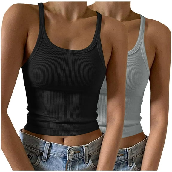 DJskiyers 2 PC Womens Camisole Tank Tops Trendy Knit Tshirt Crew Neck Crop Tops Summer Ribbed Tops Basic Fitted Shirt