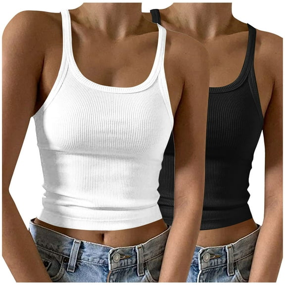 DJskiyers 2 PC Womens Camisole Tank Tops Trendy Knit Tshirt Crew Neck Crop Tops Summer Ribbed Tops Basic Fitted Shirt