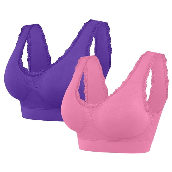 DJskiyers 2 Pack Women Wirefree Plus Size Bras Stretchy Seamless Sports Bra Lace Trim Yoga Bra Soft Full Coverage Bras Comfortable Sleep Bralettes
