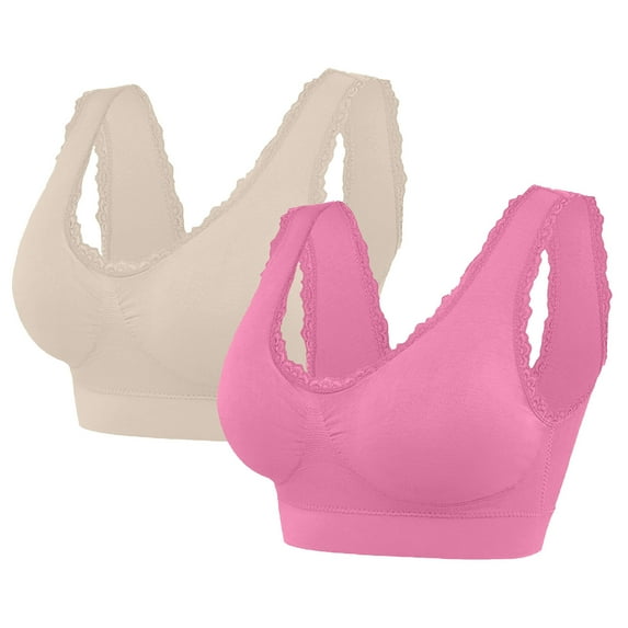 DJskiyers 2 Pack Women Wirefree Plus Size Bras Stretchy Seamless Sports Bra Lace Trim Yoga Bra Soft Full Coverage Bras Comfortable Sleep Bralettes