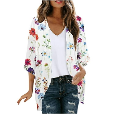 DJskiyers 3/4 Sleeve Cardigan for Women Lightweight Chiffon Bloses Print Kimono Cardigans Short Sleeve Loose Cover up Summer Blouse Top