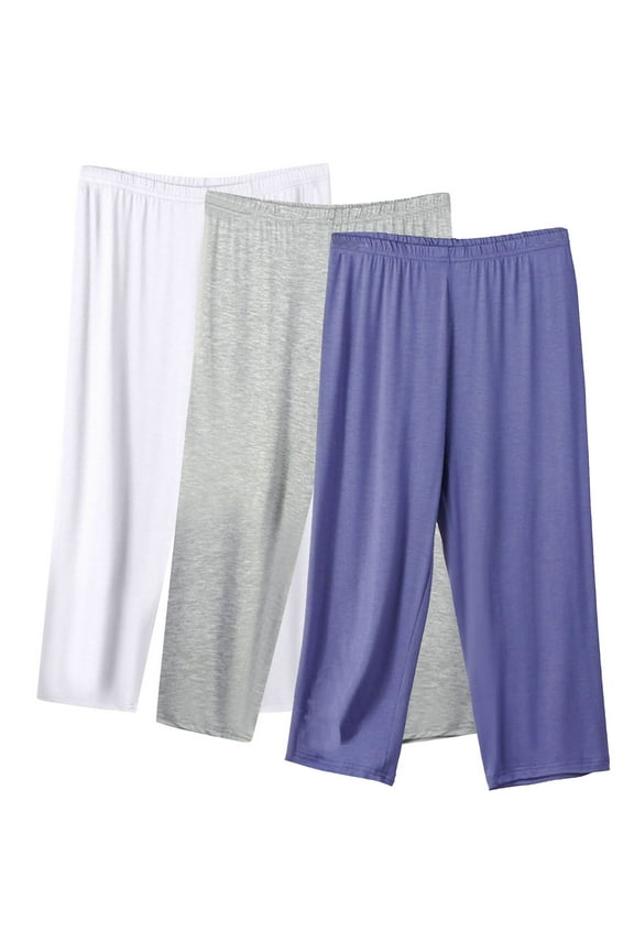 3 Pack Women's Cotton Lounge Pants Comfy Sleep Capri Pants Drawstring Yoga Pants Pj Bottoms Cropped Wide Leg Palazzo Pants
