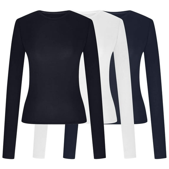 DJskiyers 3 Pack Womens Tees Long Sleeve Tops Round Neck Basic Tshirts Fitted Casual T Shirts Stretch Trendy Shirts Underscrubs, Women's Fitted Tee Tops, Basic Tops for Women Long Sleeve