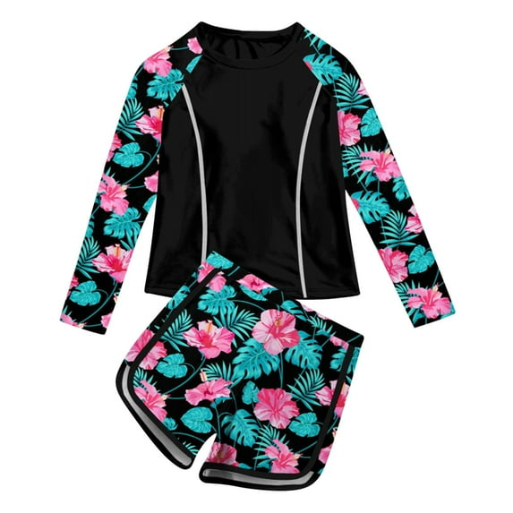 DJskiyers Boys Girls 2 Pieces Rash Guard Swimsuit Summer Bathing Suit Cute Printed Swimwear Long Sleeve Swim Top and Shorts Beach Wear for 4-10 Years