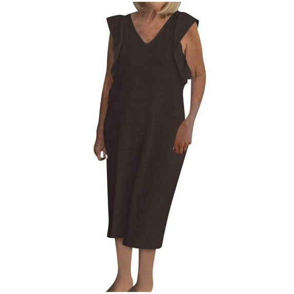 DJskiyers Casual Dresses For Older Women 2024 V Neck Linen Dress Ruffle Sleeve Comfy Dress Plus Size Long Dress