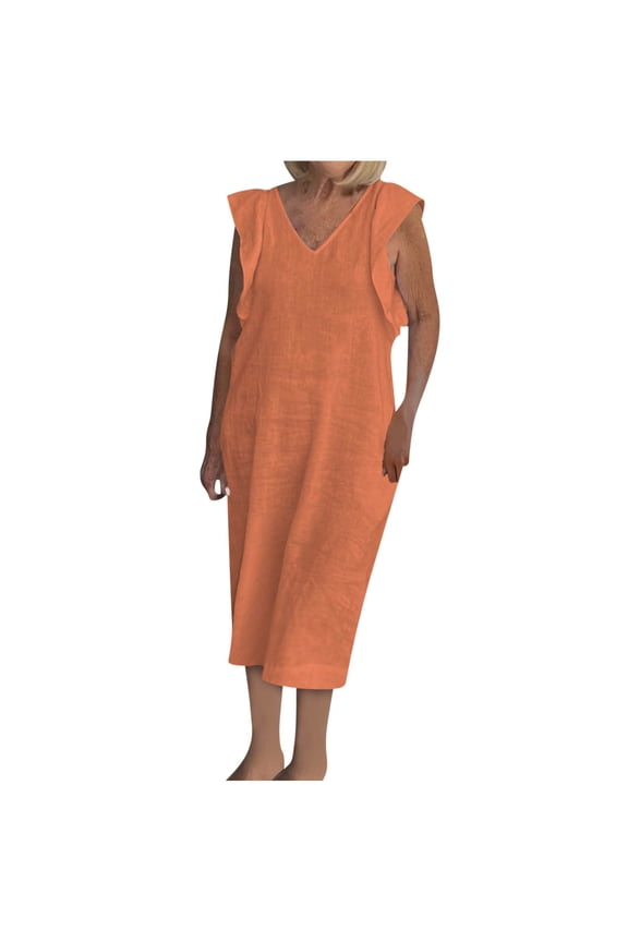 Casual Dresses For Older Women 2024 V Neck Linen Dress Ruffle Sleeve Comfy Dress Plus Size Long Dress