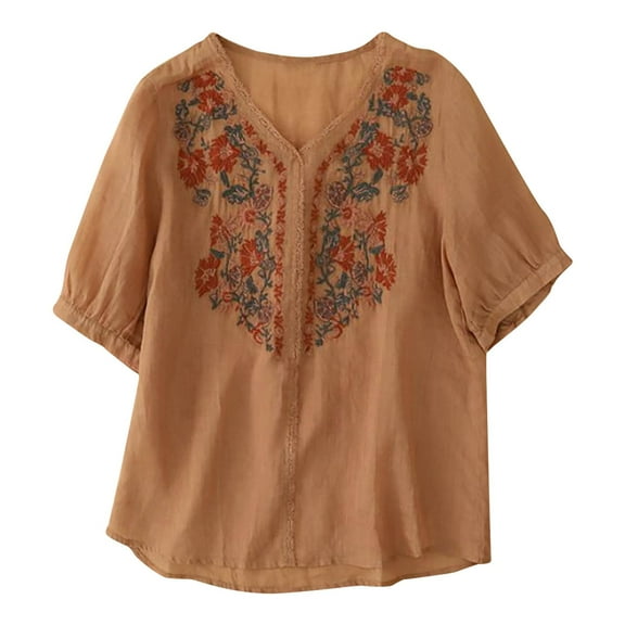 DJskiyers Embroidered Tops for Women Traditional Mexican Fiesta Shirts Summer Short Sleeve V Neck Blouses Loose Floral Tunic Tops