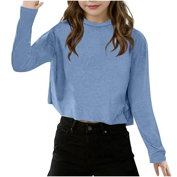 DJskiyers Girls Long Sleeve Crop Tops Kids Fashion Loose Shirts Crew Neck Cropped T-Shirts Solid Casual Shirt Comfy Basic Tees Sizes 5-12