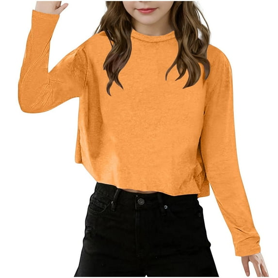 DJskiyers Girls Long Sleeve Crop Tops Kids Fashion Loose Shirts Crew Neck Cropped T-Shirts Solid Casual Shirt Comfy Basic Tees Sizes 5-12
