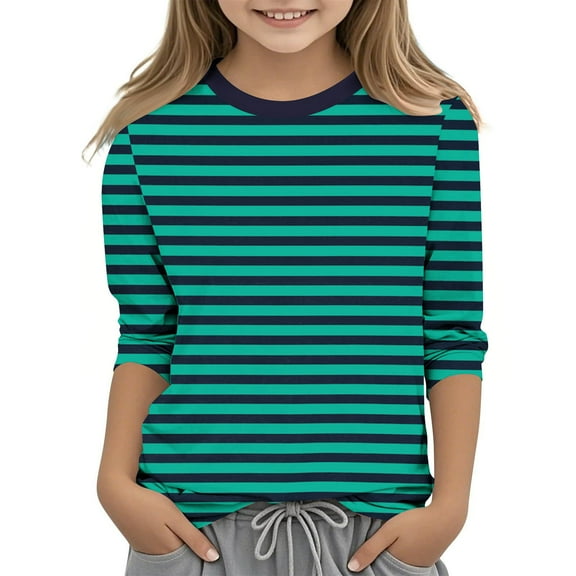 DJskiyers Girls Tops 3/4 Length Sleeve Shirts Striped Casual T-Shirts Crew Neck Loose Fit T Shirts Color Block Dressy Blouses Comfy Basic Tee Shirt