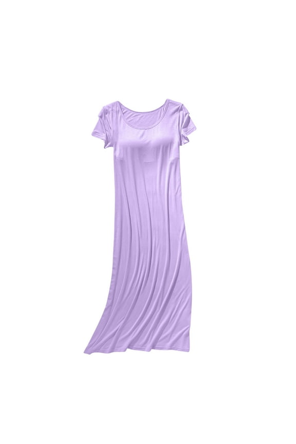 Long Nightgowns for Women Solid Short Sleeve Maxi Dresses Loose Lounge Night Dress with Built in Bra Soft Pleated Sleepwear