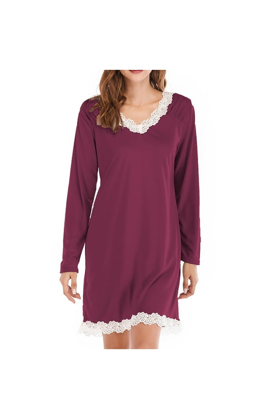 Nightgowns for Women Long Sleeve Sleepdress Lace Trim Night Gowns Comfy Night Dress Soft Fall Pjs T Shirt Dress