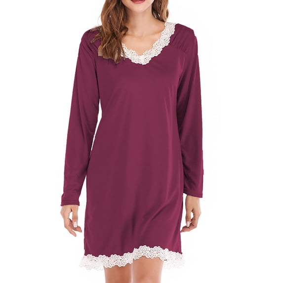 DJskiyers Nightgowns for Women Long Sleeve Sleepdress Lace Trim Night Gowns Comfy Night Dress Soft Fall Pjs T Shirt Dress