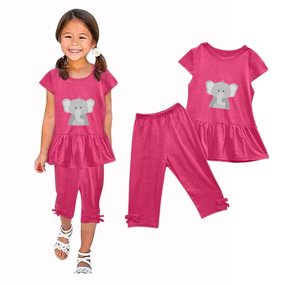 qkdmdw Pajama Sets for Kids 1-10Y Fashion Girls Capris and T-Shirts Ruffle Trim Short Sleeve Summer Outfit Set
