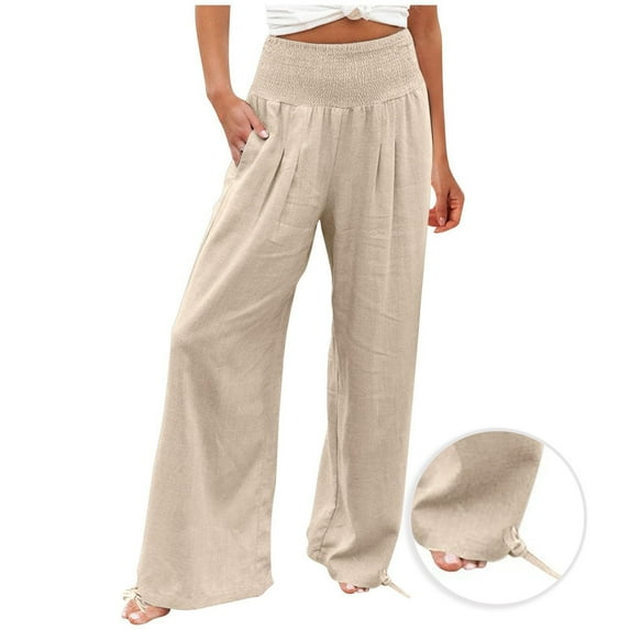 DJskiyers Palazzo Pants for Women Plus Size Linen Wide Leg Pants Elastic High Waist Casual Loose Pants Beach Long Lounge Pants Fashion Trousers with Pockets