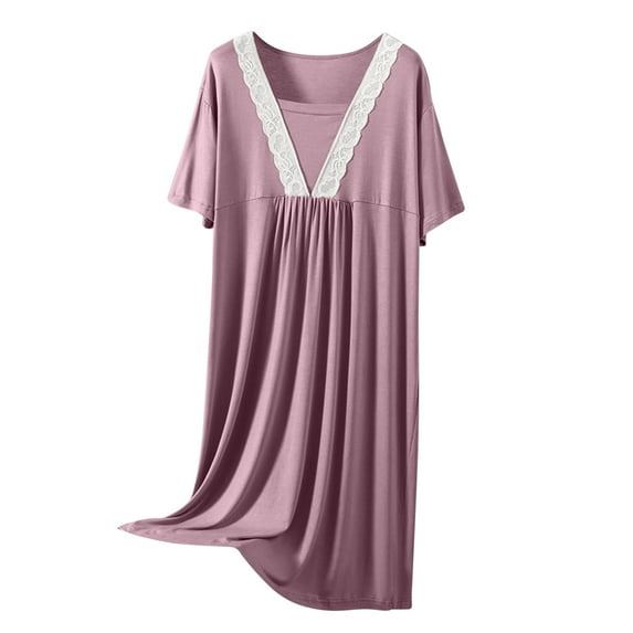 DJskiyers Plus Size Nightgowns Women Sexy Lace Sleepwear V Neck Sleep Dress Short Sleeve Tshirts Dress Pleated Solid Sleepshirt