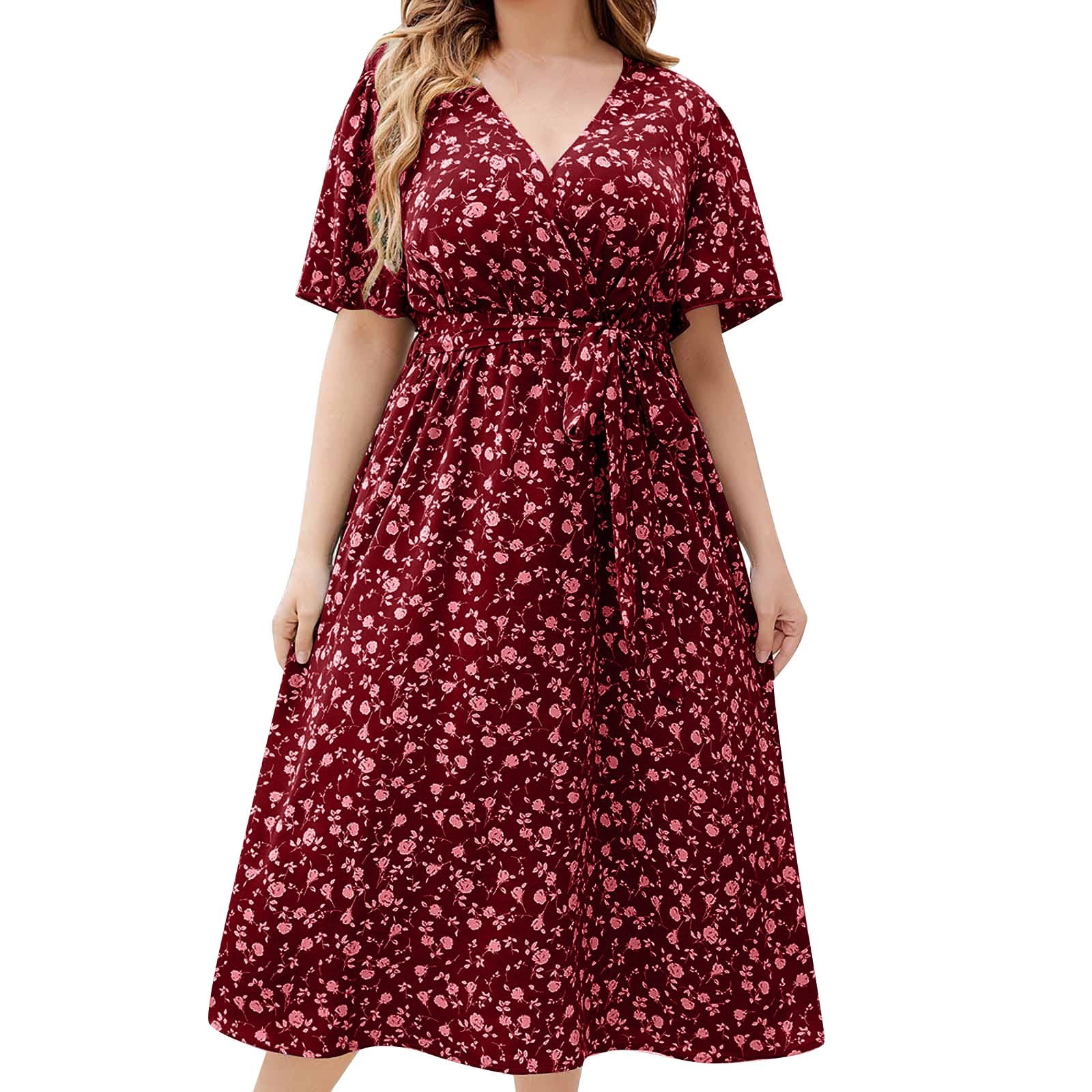 DJskiyers Summer Midi Dresses For Women Floral Plus Size Dresses V Neck ...