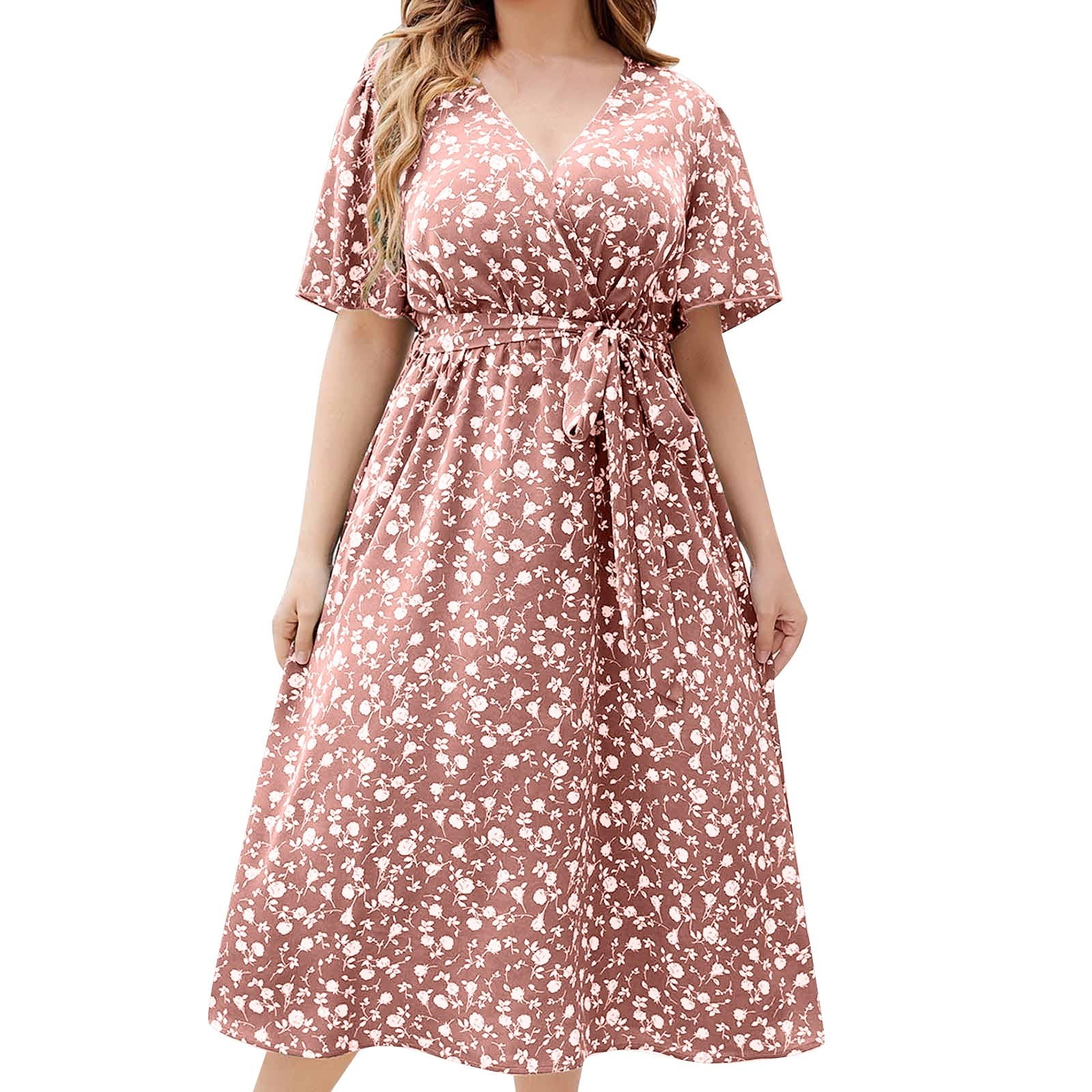 DJskiyers Summer Midi Dresses For Women Floral Plus Size Dresses V Neck ...