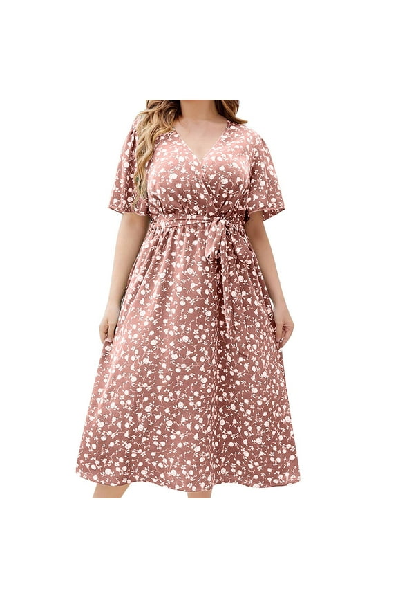 Summer Midi Dresses For Women Floral Plus Size Dresses V Neck Sundress Fashion Empire Waist Dress Short Sleeve Boho Dress