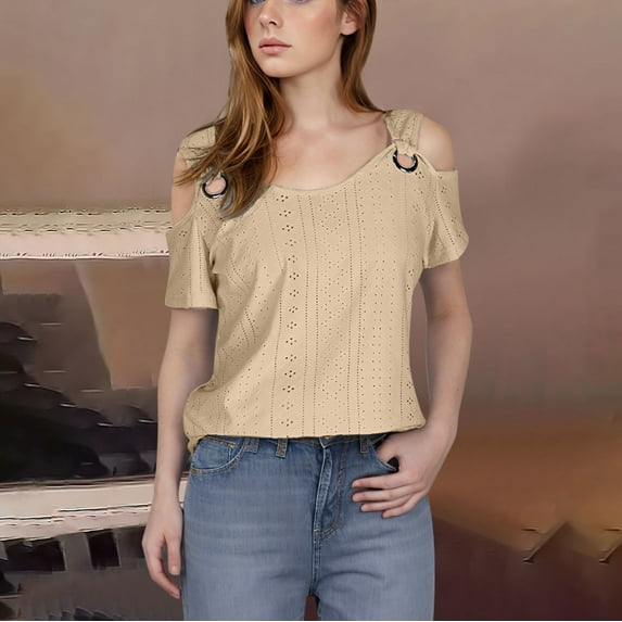 DJskiyers Summer Shirts for Women 2025 Cold Shoulder Tops Short Sleeve Eyelet Blouses V Neck Tshirts Loose Fit Tees T Shirts, Short Sleeve Shirts for Women, Summer Blouses for Women