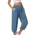 thumbnail image 1 of DJskiyers Women Capri Pants for Summer Casual Cute Pleated Solid Cropped Pants Elastic Waisted Yoga Workout Slacks with Button Pockets, 1 of 9