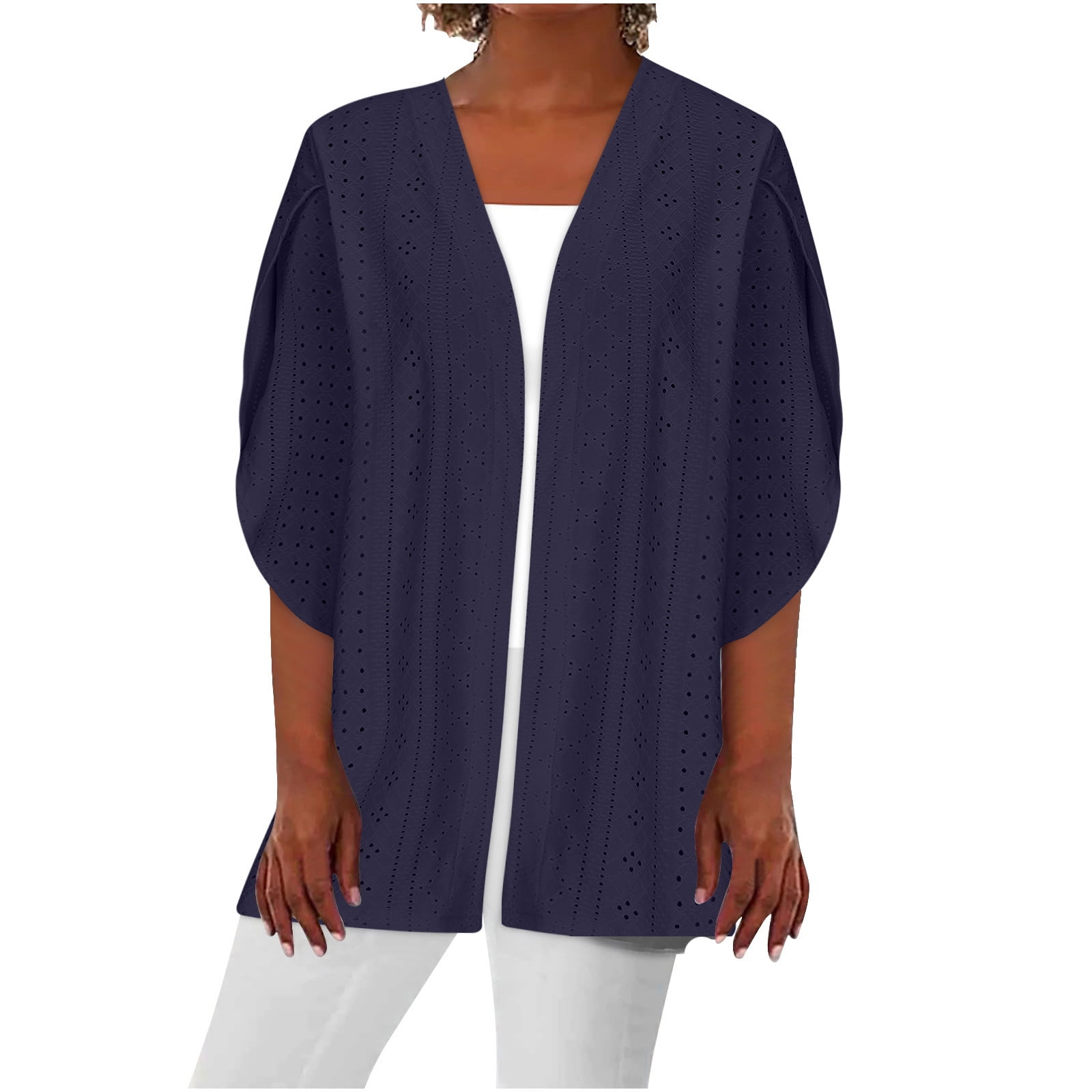 Printed Open Front Three-Quarter Sleeve Cover Up