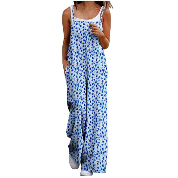 DJskiyers Women Summer Jumpsuit Casual Boho Romper Sleeveless Holiday Overalls Printed Wide Leg Jumper Fashion Loose Playsuit with Pockets
