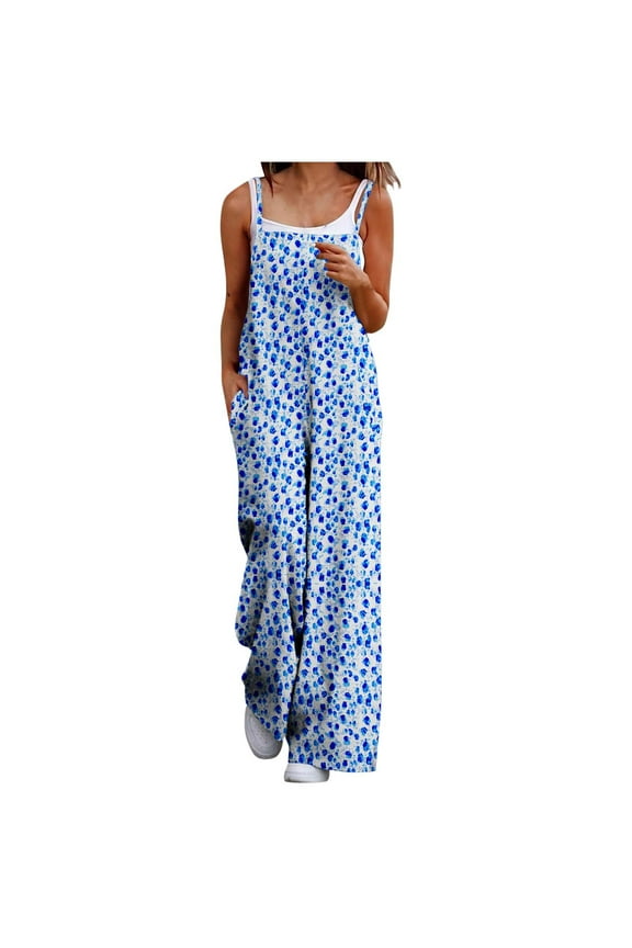 Women Summer Jumpsuit Casual Boho Romper Sleeveless Holiday Overalls Printed Wide Leg Jumper Fashion Loose Playsuit with Pockets