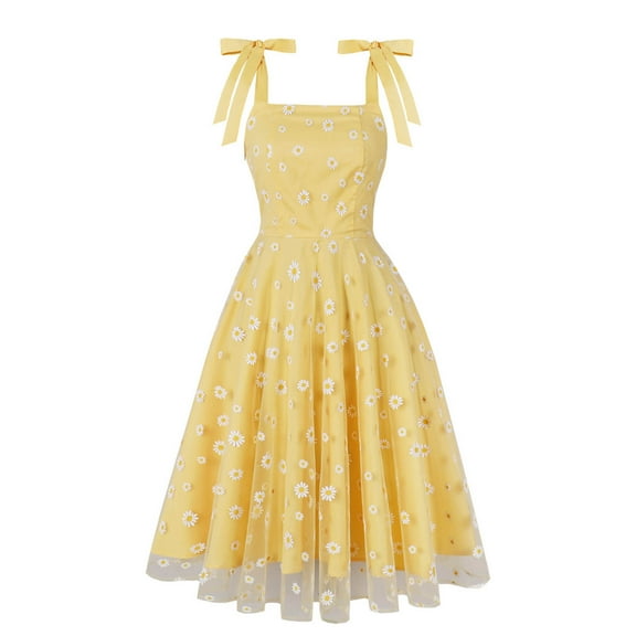 DJskiyers Women Tulle Flowy Dress Square Neck Tie Strap Prom Dress Vintage Embroidered Floral Formal Dresses Evening Party Cocktail Dress