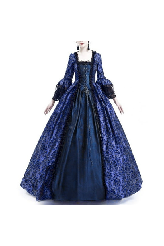 Women Victorian Dress Vintage Long Party Dress Flare Sleeve Rococo Masquerade Ball Gown Lace Patchwork Gothic Dress