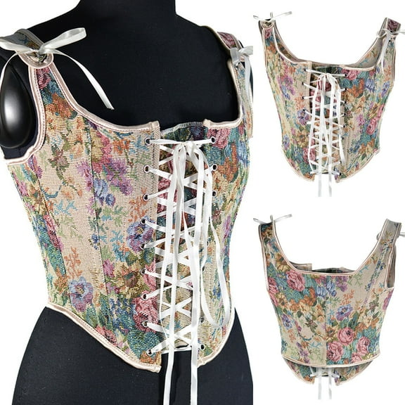 DJskiyers Women Vintage Floral Corsets Renaissance Boned Bustier Corset Top Lace up Overbust Bodysuit Embroidery Tight Vest Drawstring Tank Top
