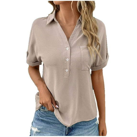 DJskiyers Women's Blouses & Button-Down Shirts Summer Casual Blouse Tops Short Sleeve Tee Shirt Solid V Neck Tshirt with Pockets